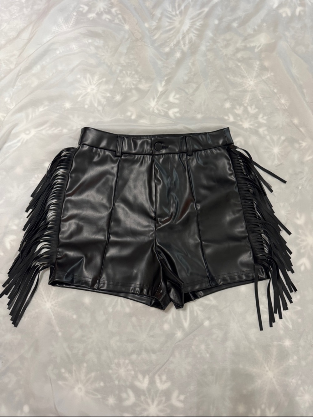 SHEIN Black Pleather Fringe High Waist Shorts